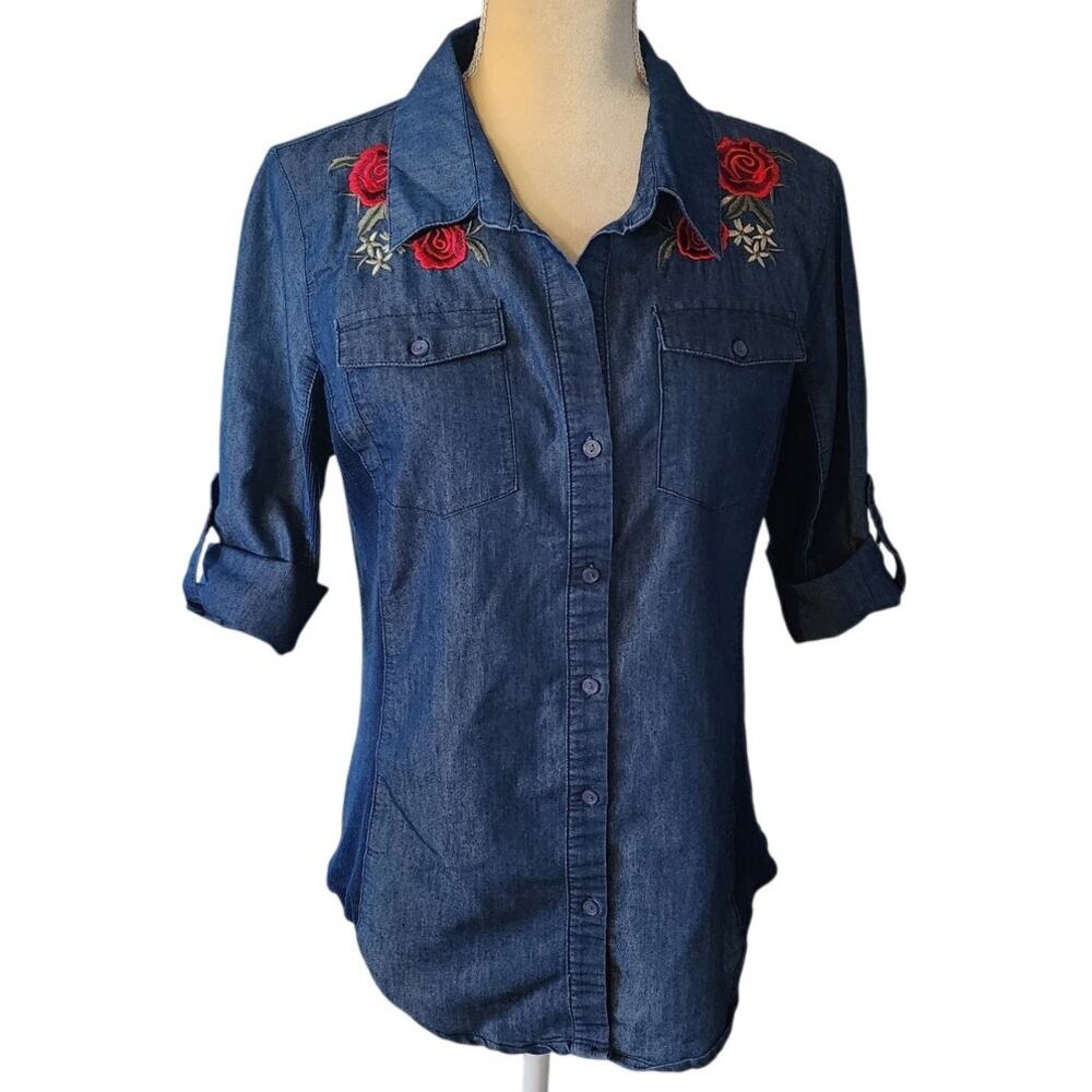 Cavalini Button Down Collared Embroidered Roses Stretch Sides Size Medium